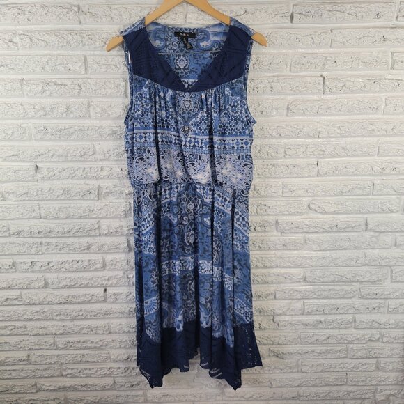 Style & Co. Dresses & Skirts - Style Co XL Fit & Flare Dress Blue White Geometric Asymmetric Lace Hem GEO81E